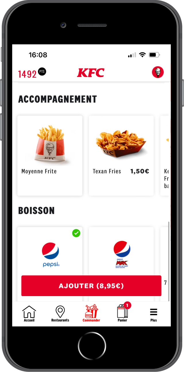 Téléphone affichant l'écran de composition de menu de notre application mobile KFC