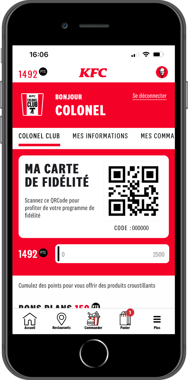 Téléphone affichant l'écran carte de fidélité de menu de notre application mobile KFC