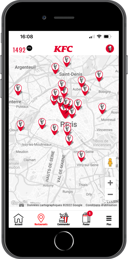 Téléphone affichant la carte des restaurants à proximité sur notre application mobile KFC